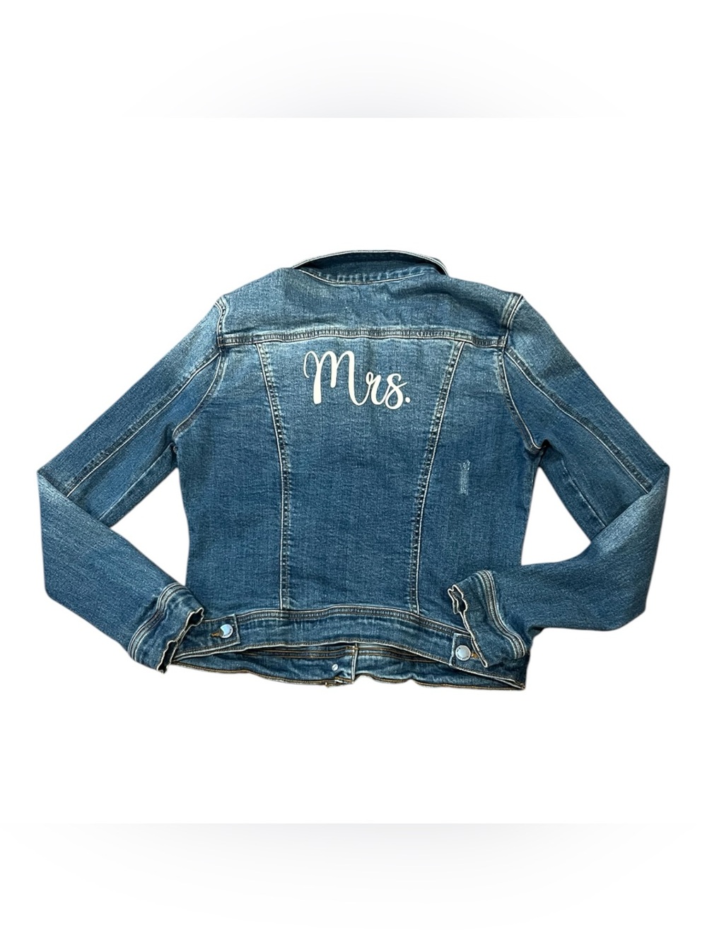 Black Label Blue Denim Jean Jacket with 'Mrs.' Embroidery Distressed Areas Small